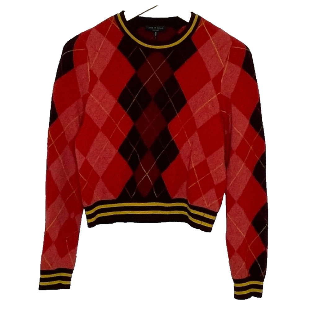 rag & bone Red Argyle Crewneck Sweater with Black and Yellow Trim